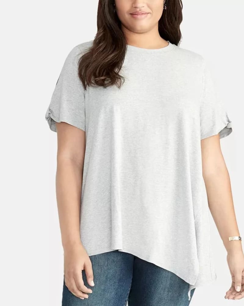 Front of a model wearing a size 1X RACHEL Rachel Roy Women's Trendy Plus Size Split-Sleeve Asymmetrical Top Gray Size 1X in Gray by Rachel Rachel. | dia_product_style_image_id:311480